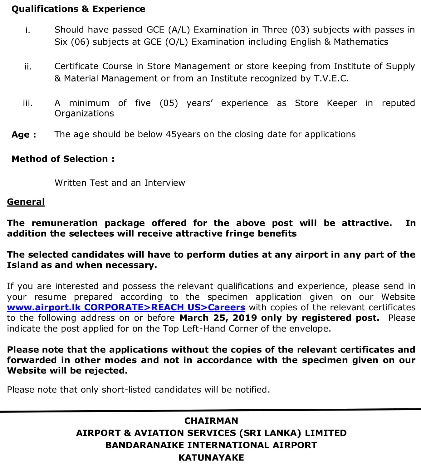 Store Keeper, Secretary - Airport & Aviation Services (Sri Lanka) Ltd